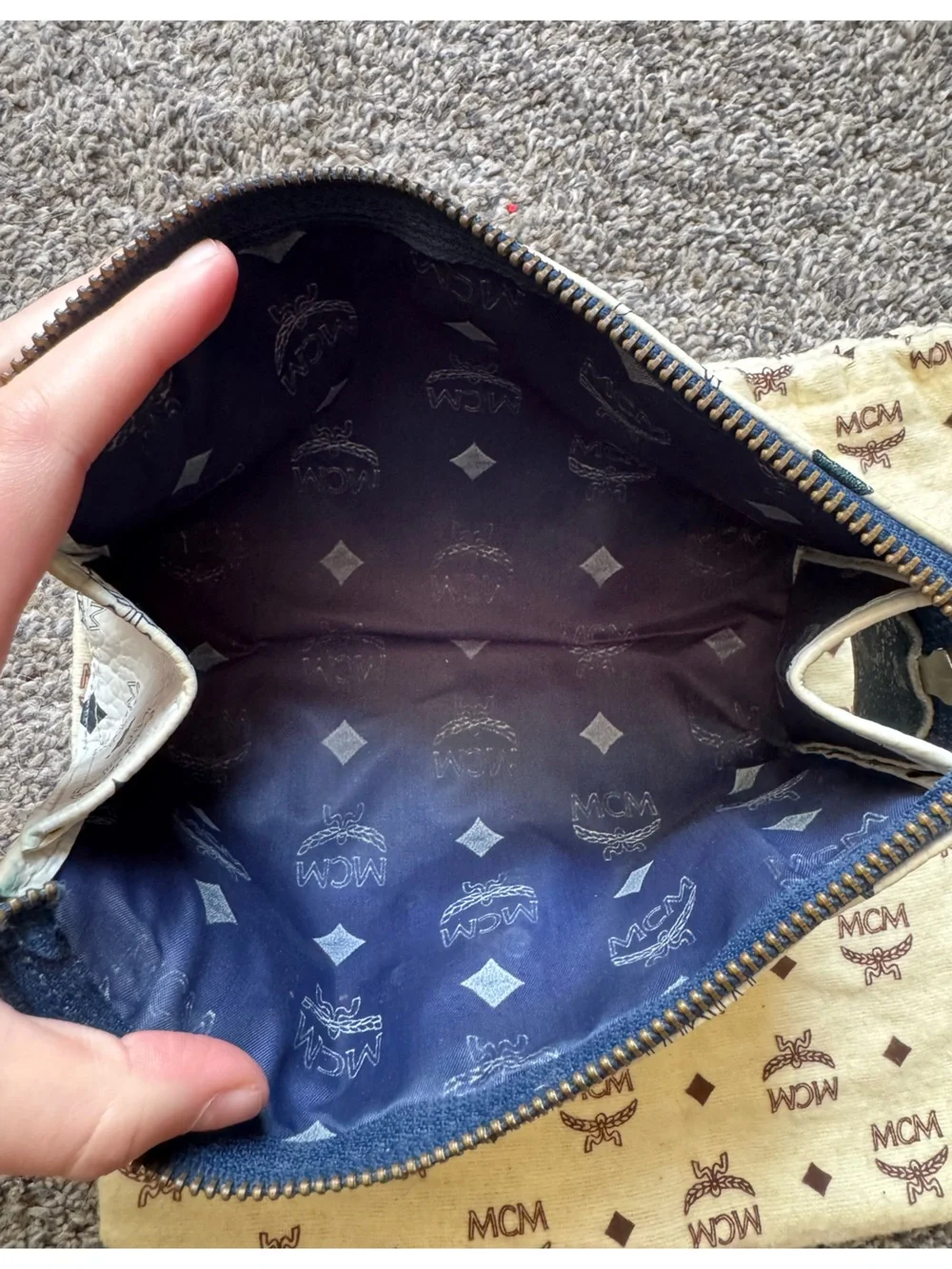 MCM Visetos White & Navy Vintage Toiletry Bag/Pouch